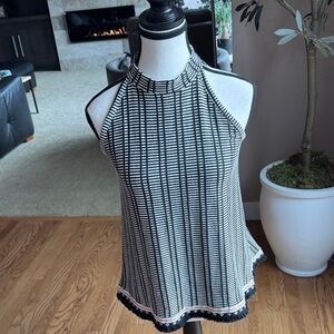 W5 Black and White Halter Knit Tank with Fringe Hem